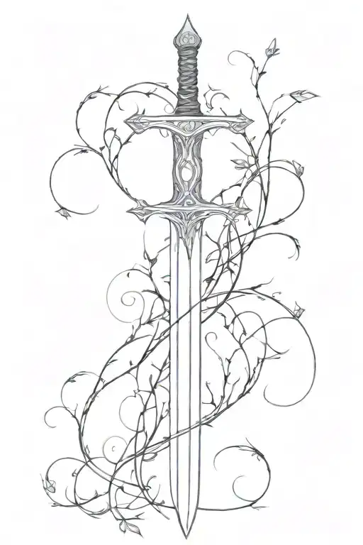 a big sword with vines and cool designs with thick and thin lines  tattoo design idea