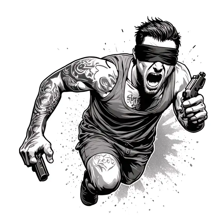 newschool street gang style, scared and crazy man wearing blindfold running holding 2 hand guns tattoo design idea