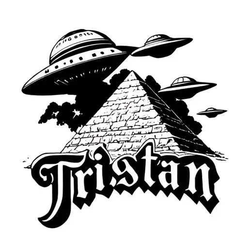 the name "Tristan" written in old English font over laping the pyramid of gaza getting picked up by ufo tattoo design idea