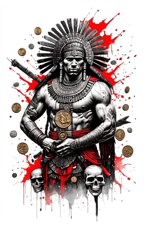 Ancient Mayan warrior holding ancient coins, skulls around him and the Mayan ancient temple on the backround tattoo design idea