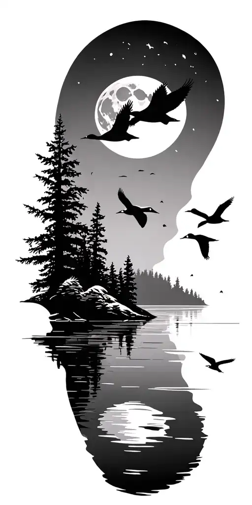 ducks flying over lake with moon and forest tattoo design idea