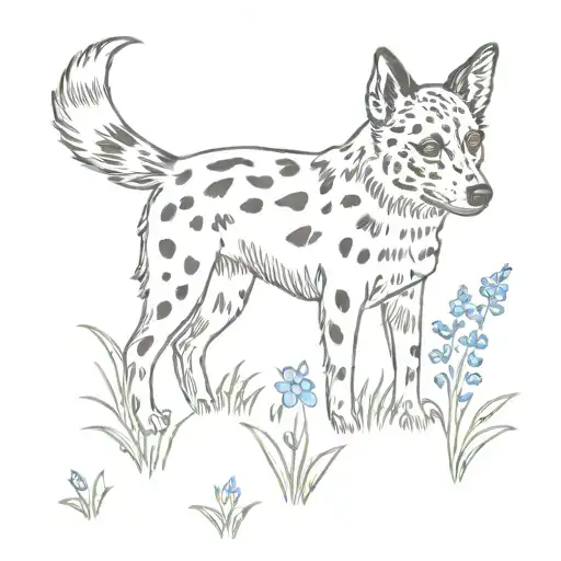 minimalist tattoo of a spotted blue heeler in a field of wildflowers  tattoo design idea