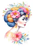 side profile 1950s female face with yarn exploding from top of head surrounded by flowers. lots of color tattoo design idea