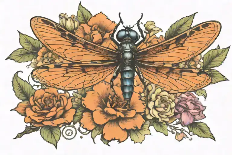 semicolon dragonfly flowers tattoo design idea