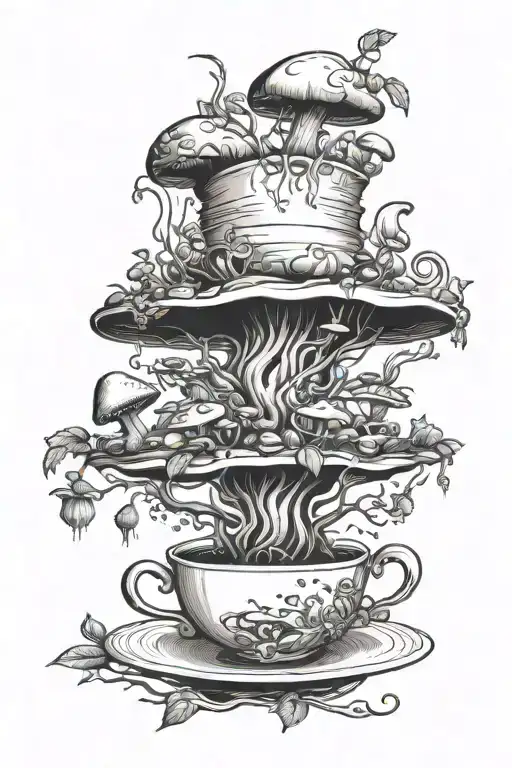 A surreal scene of a coffee tree sprouting magical mushrooms inspired by the Mad Hatter's hat, symbolizing the different roles of a mother tattoo design idea
