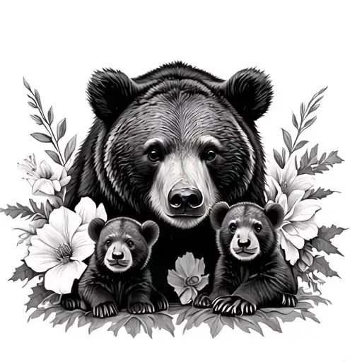 Tattoo drawing of a mama bear and two cubs. Surrounded  by cosmo, marigold, poppy, gladiolus, narcisuss and holly flower tattoo design idea