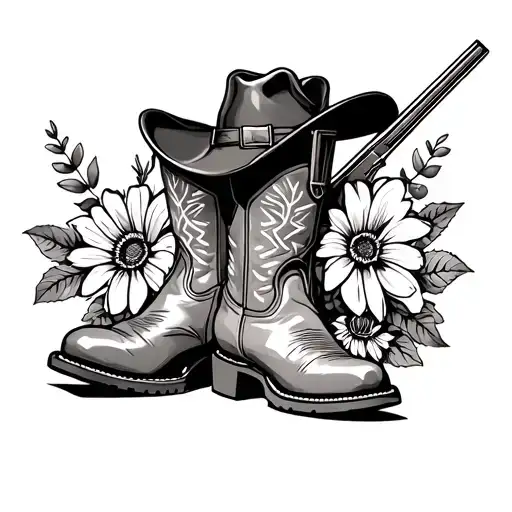 cowboy boots with a cowboy hat and the October birth flower and a rifle tattoo design idea