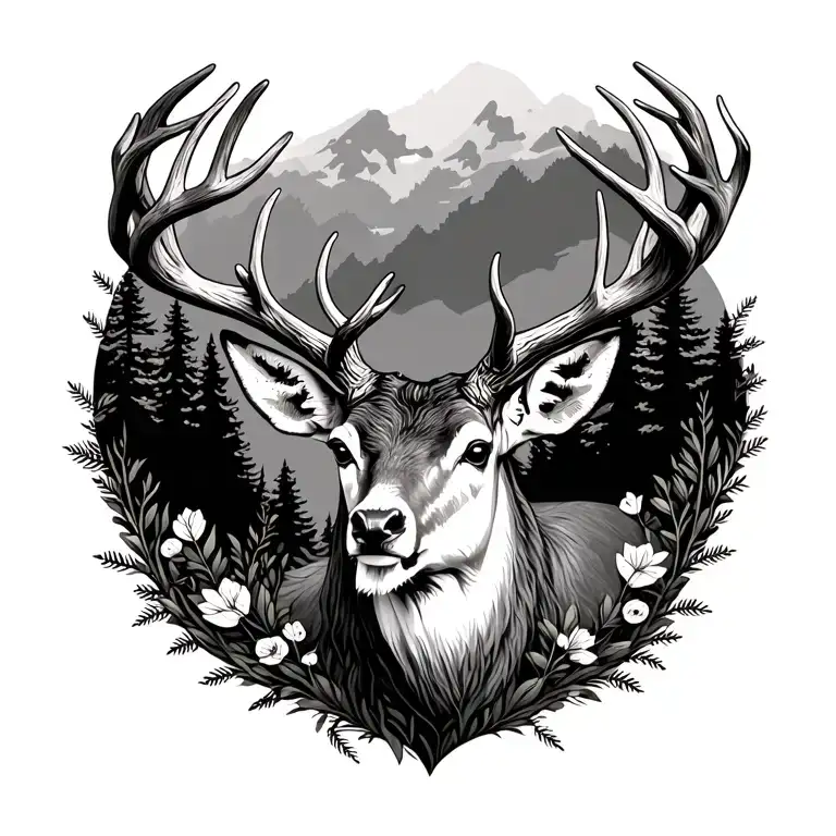 majestic fallow stag antlers and head surrounded but forest tattoo design idea