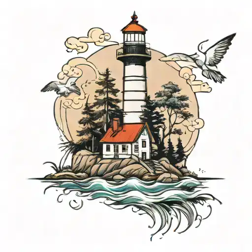 lighthouse with three trees tattoo design idea