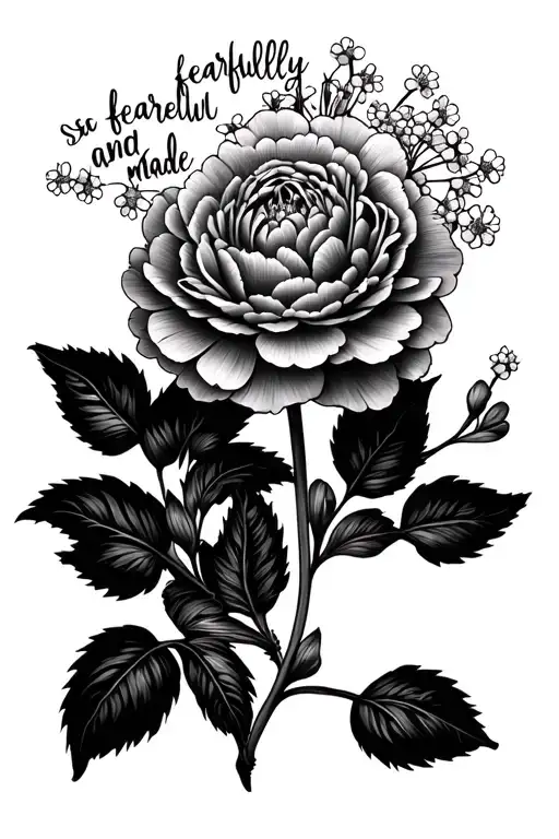 dainty carnation, baby breath framing "she is fearfully and wonderfully made" tattoo design idea