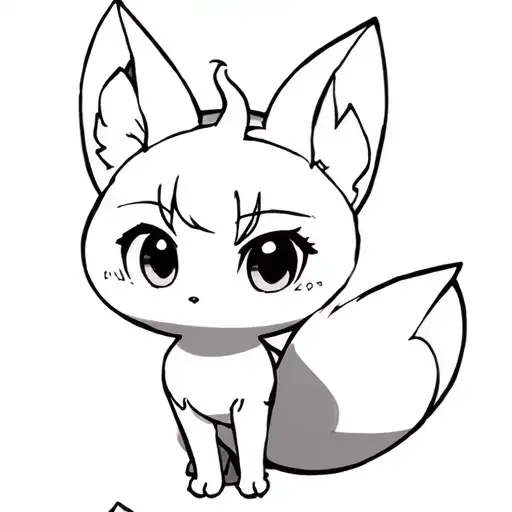 anime nine tail fox, clean black outline only, big eyes and curled tail, 1-inch tatto tattoo design idea