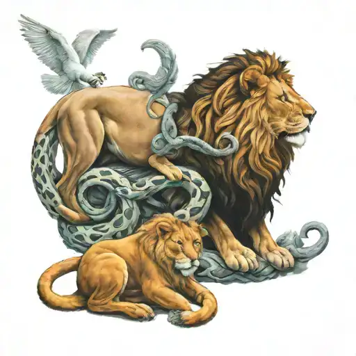 lion and lamb and snake and dove chilling together tattoo design idea