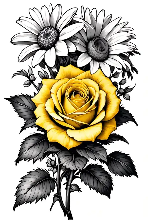 yellow rose, violet, daisy, narcissus flower bouquet tattoo design idea