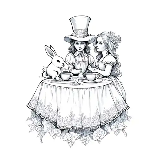 gothic Alice in wonderland tea party with mad hatter Alice and the white rabbit  tattoo design idea
