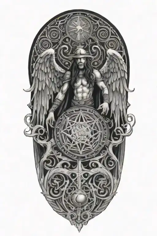 Supernatural creature inspired by Saint Michel mythology, with cloud motifs and Enochian script in a black-grey style tattoo design idea