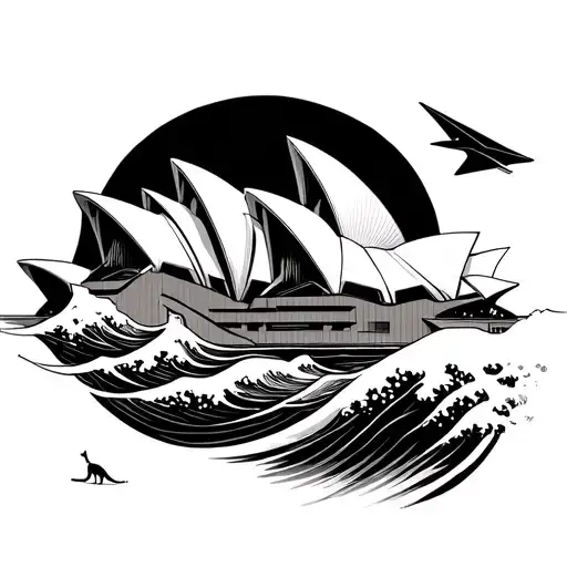 Sydney Opera House emerging from a flowing wave which transitioning into a kangaroo and a paper airplane flying above tattoo design idea
