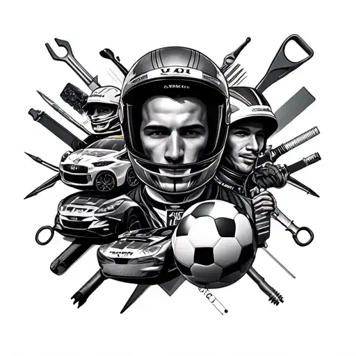 A collage of Formula 1 drivers, football players, and marine engineering tools intertwined in a black and grey design, reflecting the client's diverse interests and occupations tattoo design idea