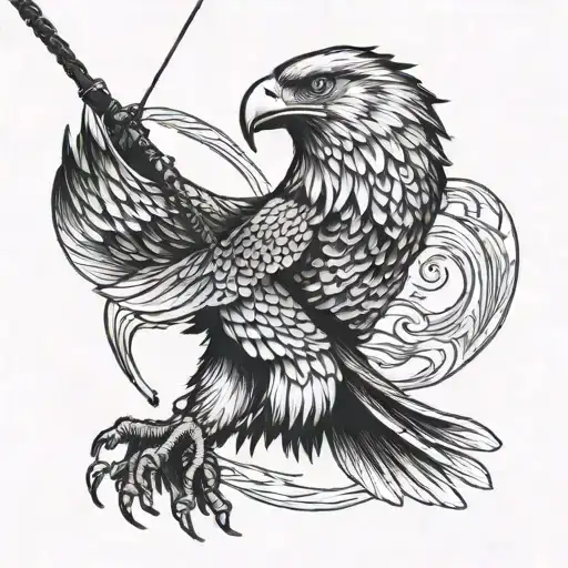 A detailed blackwork tattoo of a majestic eagle soaring through the sky while holding a fishing rod in its talons tattoo design idea