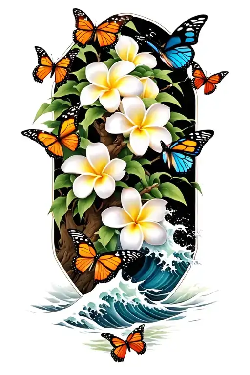 butterflies around a Frangipani tree with waves crashing tattoo design idea