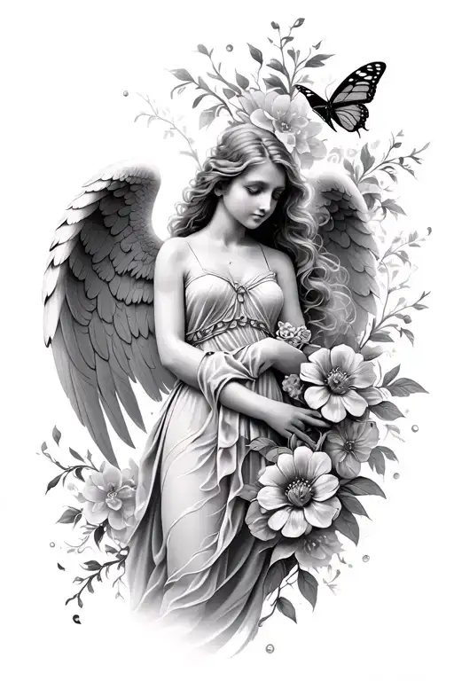 realistic angel with butterfly and flowers tattoo design idea