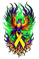 phoenix rising from ashes, green and purple flames, small yellow cancer ribbon, phoenix looking up tattoo design idea