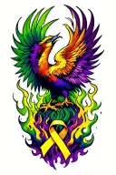 phoenix rising from ashes, green and purple flames, small yellow cancer ribbon, phoenix looking up tattoo design idea