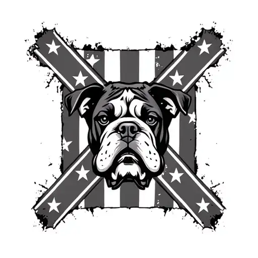 small confederate flag square with bulldog face in center with distressed american flag behind in black and white tattoo design idea