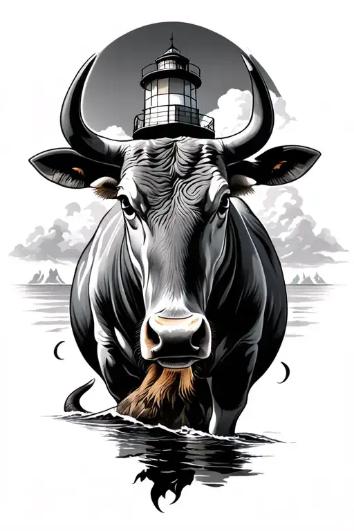 bull and lighthouse tattoo design idea