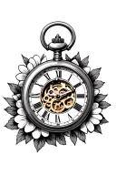 pocket watch with gears inside the middle with flowers around it with no top tattoo design idea