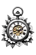 pocket watch with gears inside the middle with flowers around it with no top tattoo design idea