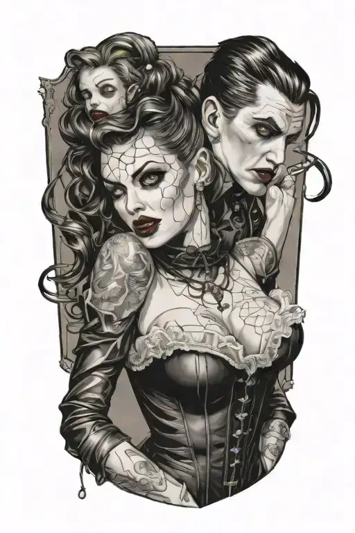 Male vampire bitting gothing pinup girl on the neck. Pinup girl wearing corset and fishnets tattoo design idea