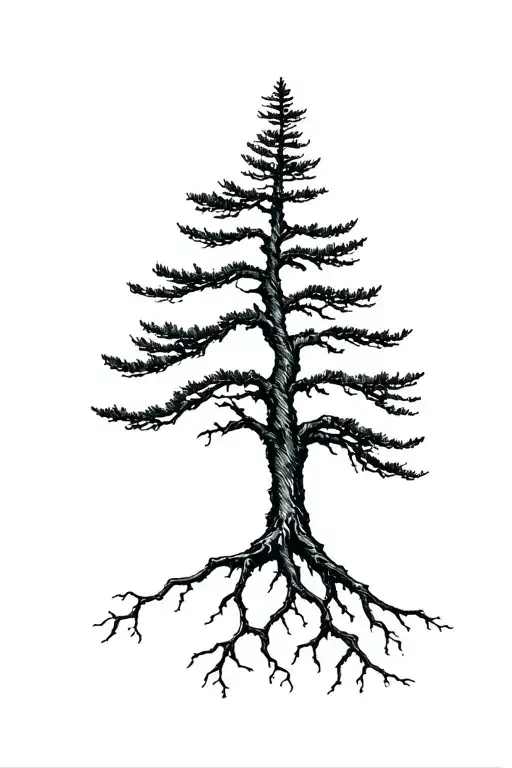 woodcut/etching style twisted limber pine tree with roots as a botanical illustration  tattoo design idea