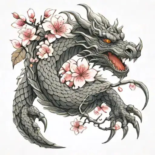 dragon wrapped around arm with its tail that turns into cherry blossom onto chest tattoo design idea