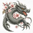 dragon wrapped around arm with its tail that turns into cherry blossom onto chest tattoo design idea