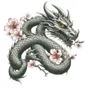 dragon wrapped around arm with its tail that turns into cherry blossom onto chest tattoo design idea