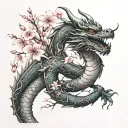 dragon wrapped around arm with its tail that turns into cherry blossom onto chest tattoo design idea