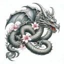 dragon wrapped around arm with its tail that turns into cherry blossom onto chest tattoo design idea