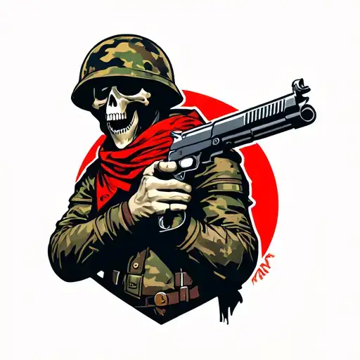 a reaper with a soldier helmet on and he has a camo bandanna wrapped around his shoulder and he is holding a gun  tattoo design idea