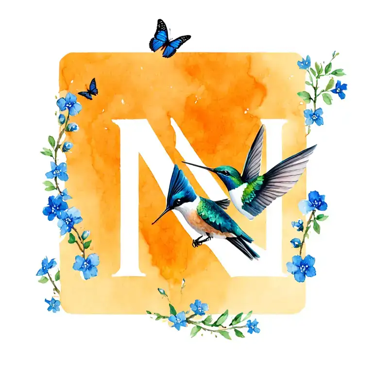 fancy font letter N with branches of blue forget me knots with watercolor hummingbird drinking and small butterfly for  tattoo design idea