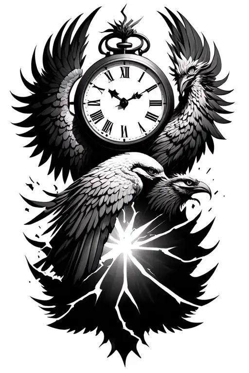 A phoenix a broken clock with time tattoo design idea