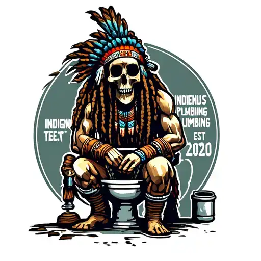 "INDIGENOUS PLUMBING EST.2020" skull dreadlock Native American warrior fixing a toilet tattoo design idea