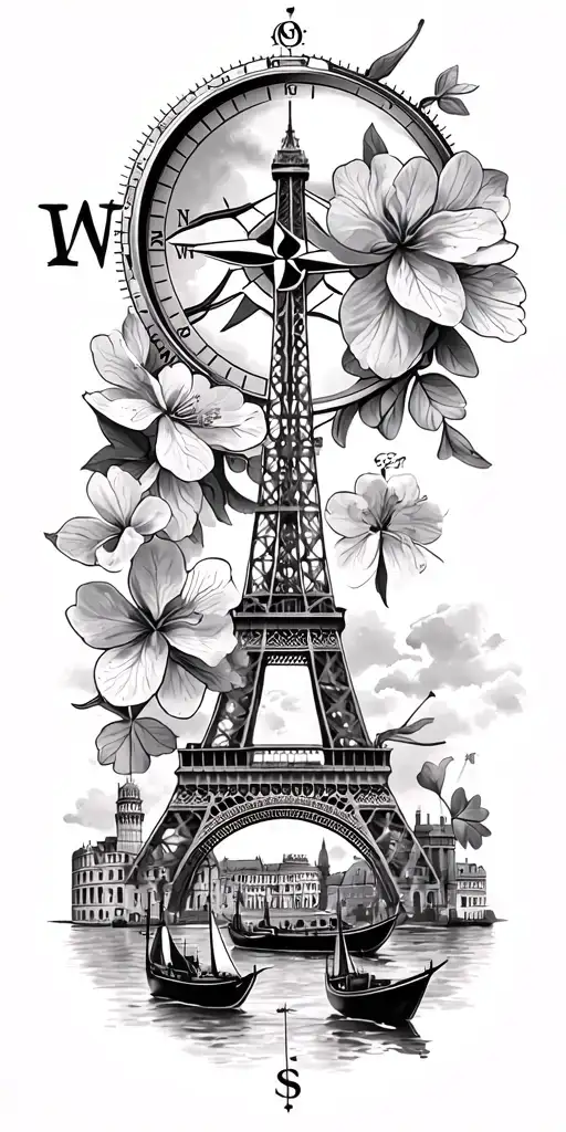 compass + Eiffel Tower + Tower of London + Roman Colosseum + Gondolas + Cherry blossoms + Irish Clover sleeve tattoo design idea