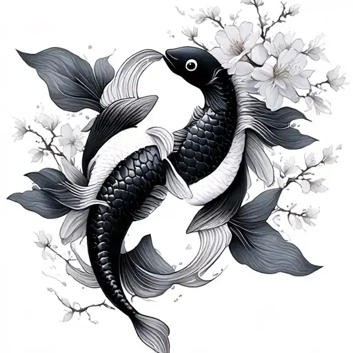 Stipple tattoo, yinyang koi. black koi + ghost koi (translucent, wispy, smoky aura, rotated 180°), with cherry blossom tattoo design idea