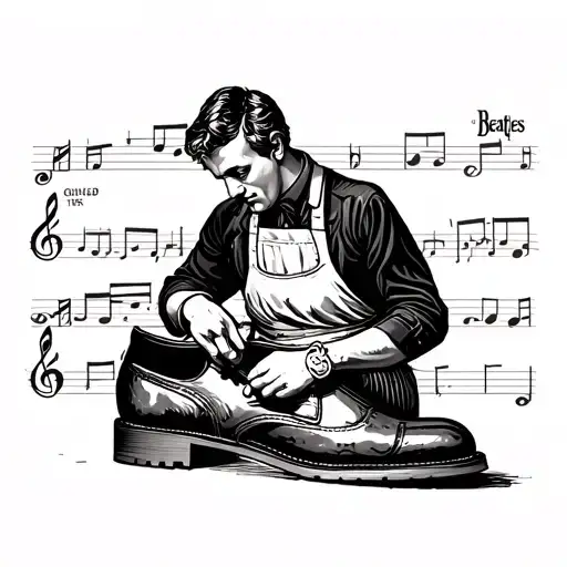 A tattoo design of a cobbler working on a vintage shoe, with a blackwork background of musical notes inspired by the Beatles' songs tattoo design idea