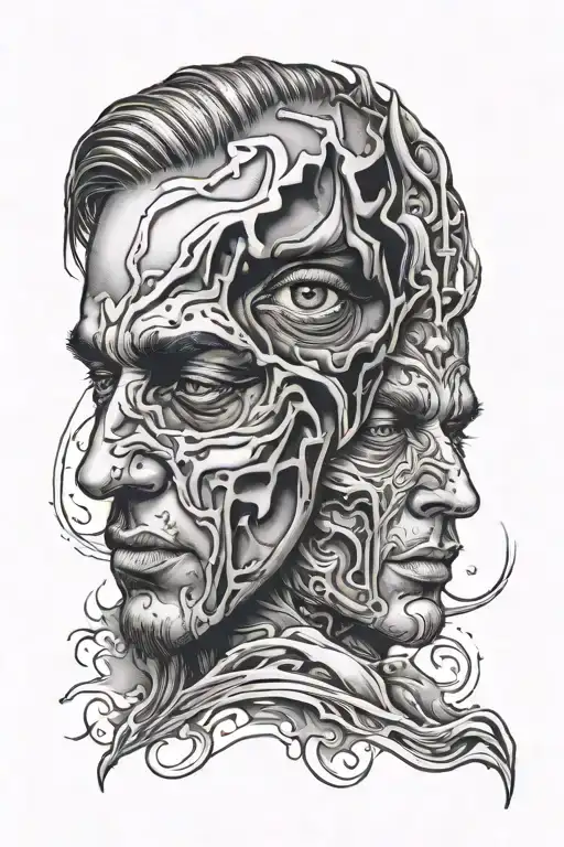two faces flow in to each other with a tear in his eye tattoo design idea
