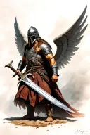 Viking warrior with wings and a helmet that casts a shadow over his face making no facial features visible. Sword. tattoo design idea