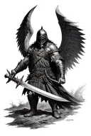 Viking warrior with wings and a helmet that casts a shadow over his face making no facial features visible. Sword. tattoo design idea