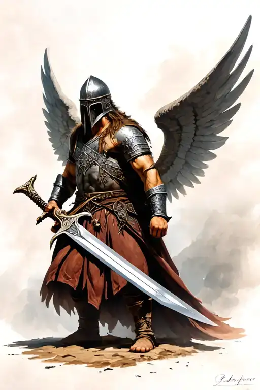 Viking warrior with wings and a helmet that casts a shadow over his face making no facial features visible. Sword. tattoo design idea