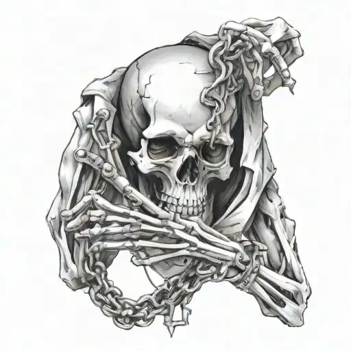 medium sized skeleton line work hands with no colour with shackles on the wrists with the chain in between broken  tattoo design idea