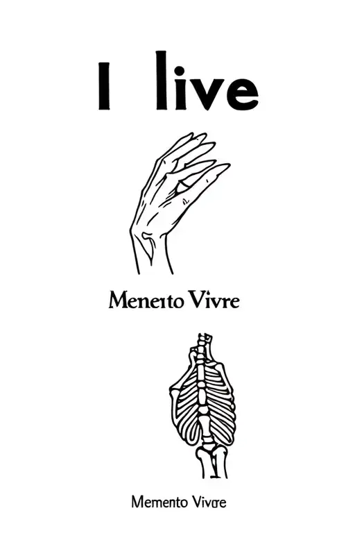 Above the phrase I live in the middle a hand trying to touch a skeleton and below that says Memento Vivere tattoo design idea